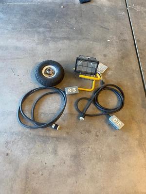 WORK LIGHT, 2 HEAV Y DUTY 9’ EXTENSION CORDS & A SPARE TIRE
