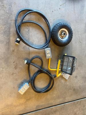 WORK LIGHT, 2 HEAV Y DUTY 9’ EXTENSION CORDS & A SPARE TIRE