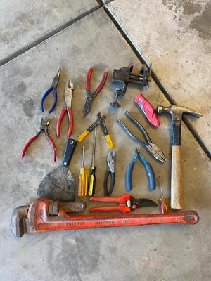 RIGID 24” PIPE WRENCH, COUNTER TOP PORTABLE VICE. MAINLY PLIER TYPE TOOLS &MORE