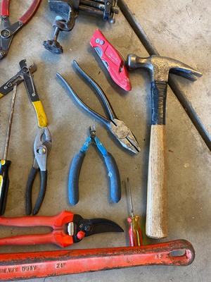 RIGID 24” PIPE WRENCH, COUNTER TOP PORTABLE VICE. MAINLY PLIER TYPE TOOLS &MORE