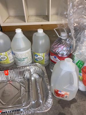DISTILLED WATER, WHITE VINEGAR, DISPOSABLE PANS & CUPS