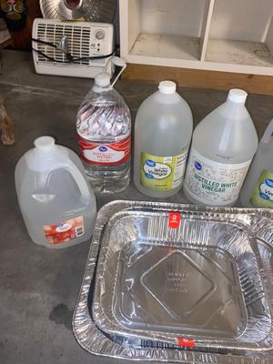 DISTILLED WATER, WHITE VINEGAR, DISPOSABLE PANS & CUPS