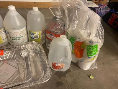 DISTILLED WATER, WHITE VINEGAR, DISPOSABLE PANS & CUPS
