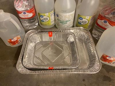 DISTILLED WATER, WHITE VINEGAR, DISPOSABLE PANS & CUPS