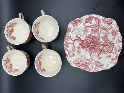 JOHNSON BROTHERS English Chippendale Pink Cross Plates and Cups