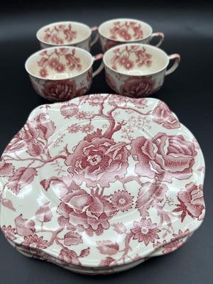 JOHNSON BROTHERS English Chippendale Pink Cross Plates and Cups