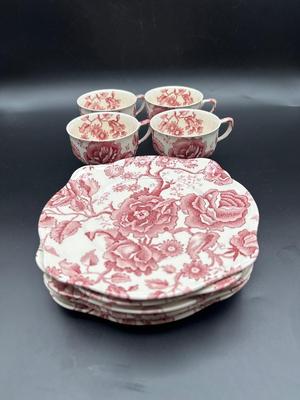 JOHNSON BROTHERS English Chippendale Pink Cross Plates and Cups