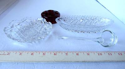 Old Cut Glass Dishes, Blown Glass Ladle and Glass Flower Frog