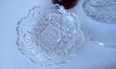 Old Cut Glass Dishes, Blown Glass Ladle and Glass Flower Frog