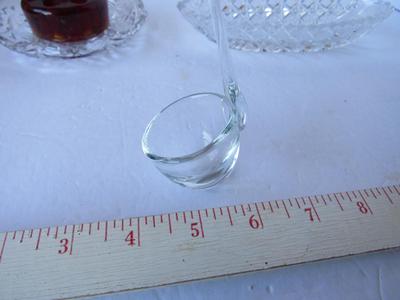 Old Cut Glass Dishes, Blown Glass Ladle and Glass Flower Frog