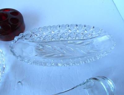Old Cut Glass Dishes, Blown Glass Ladle and Glass Flower Frog