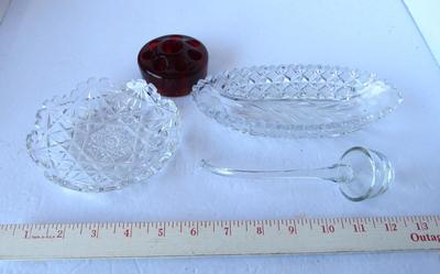 Old Cut Glass Dishes, Blown Glass Ladle and Glass Flower Frog