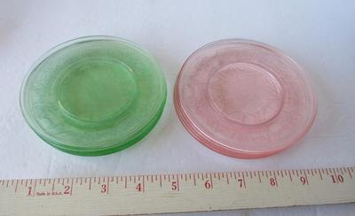 Older Mosser Glass Kids Plates, Pink and Green Jennifer
