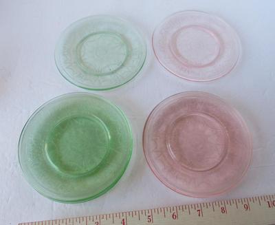 Older Mosser Glass Kids Plates, Pink and Green Jennifer