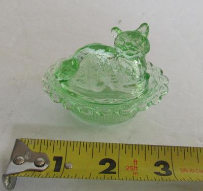 Older Mosser Glass Transparent Green Cat Covered Salt