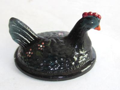 Unusual Color Vintage Boyd Glass Covered Hen Salt, Hand Painted Smoky Midnight Blue Color