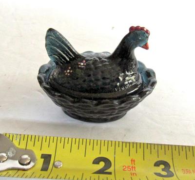Unusual Color Vintage Boyd Glass Covered Hen Salt, Hand Painted Smoky Midnight Blue Color