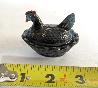 Unusual Color Vintage Boyd Glass Covered Hen Salt, Hand Painted Smoky Midnight Blue Color