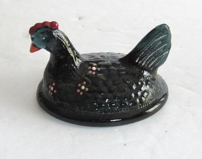 Unusual Color Vintage Boyd Glass Covered Hen Salt, Hand Painted Smoky Midnight Blue Color
