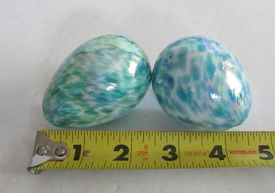 Two Vintage Gibson Glass Eggs, Light Green and Light Blue Speckled