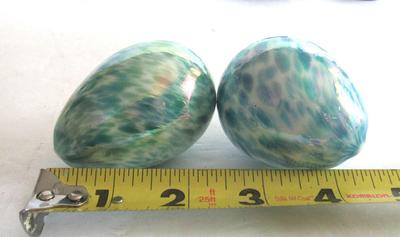 Two Vintage Gibson Glass Eggs, Light Green and Light Blue Speckled