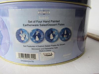 Nice 4 Pc Set Snowman Plates in Matching Tin, Sakura