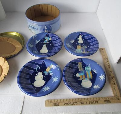 Nice 4 Pc Set Snowman Plates in Matching Tin, Sakura