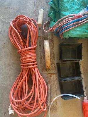HAND MADE TOOL BOX, EXTENSION CORD,, TARP AND GLOVES