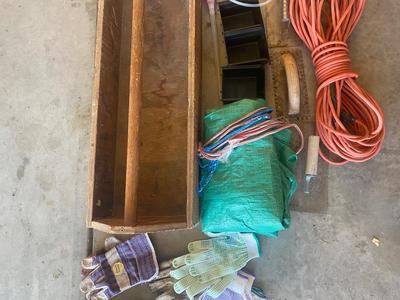 HAND MADE TOOL BOX, EXTENSION CORD,, TARP AND GLOVES