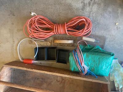 HAND MADE TOOL BOX, EXTENSION CORD,, TARP AND GLOVES