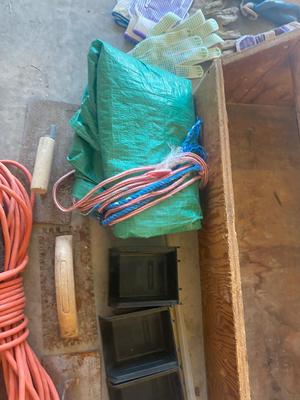 HAND MADE TOOL BOX, EXTENSION CORD,, TARP AND GLOVES