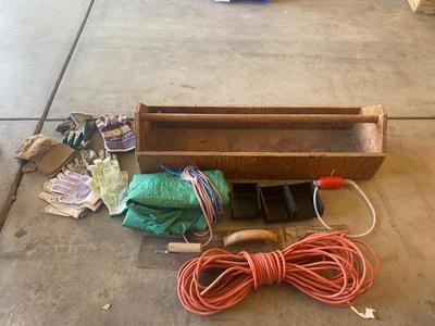 HAND MADE TOOL BOX, EXTENSION CORD,, TARP AND GLOVES