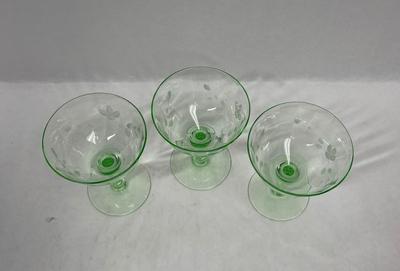 Uranium Glass (3) Elegant Etched Champagne Glasses