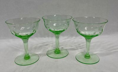Uranium Glass (3) Elegant Etched Champagne Glasses