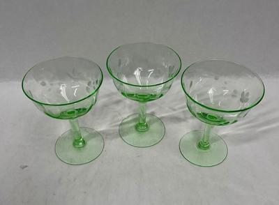 Uranium Glass (3) Elegant Etched Champagne Glasses