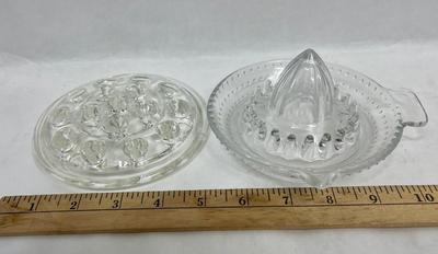 Vintage Glass Lemon Juicer & Vintage Glass Flower Frog with 16 holes