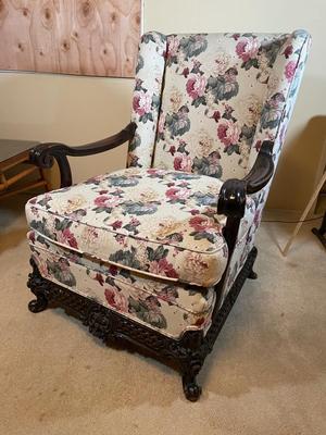 Antique French Baroque Carved Walnut Upholstered Wingback Chair