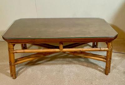 Vintage Rattan Bamboo Coffee Table with Wood Tabletop