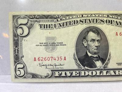 Series 1963 $5 Red Seal US Legal Tender Note EF/AU Condition Serial #A62607435A as Pictured.