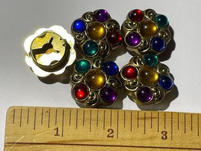 Vintage Unsigned Gold-tone Colored Stone Button Covers Set of 5 in Good Preowned Condition.