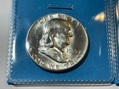 LOT OF (3)-1955 BU CONDITION "BUGS BUNNY" VARIETY FRANKLIN SILVER HALF DOLLARS AS PICTURED.