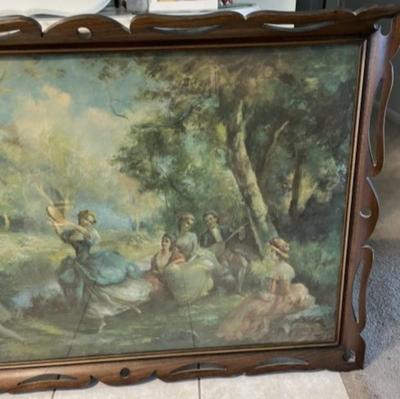 Vintage Mid-Century Print w/Hand Carved Dark Wooden Frame Size 29" x 40" in Good Preowned Condition.