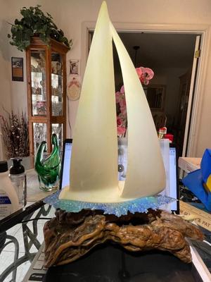 Huge Sailboat Yacht Driftwood Sculpture with Dolphins by John Perry 17.25" Tall x 13.25" Wide in Good Preowned Condition.