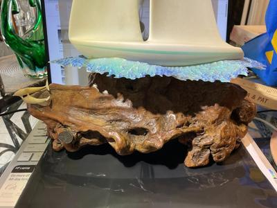 Huge Sailboat Yacht Driftwood Sculpture with Dolphins by John Perry 17.25" Tall x 13.25" Wide in Good Preowned Condition.