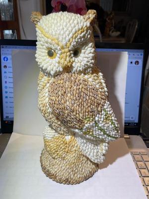 Vintage Handcrafted Seashell Owl Figurine 11” Tall in Good Condition as Pictured.