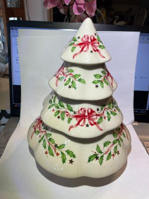 Vintage Lenox Porcelain Christmas Tree 10" Tall w/Red Ribbon Design with Holly in VG Preowned Condition.