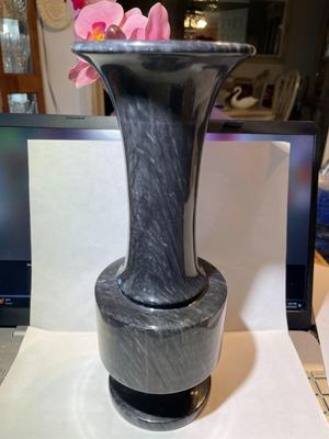 Vintage Very Heavy Large Asian Black Onyx Marble Stone Vase Hand Etched 11" Tall in VG Preowned Condition.
