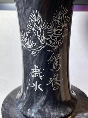 Vintage Very Heavy Large Asian Black Onyx Marble Stone Vase Hand Etched 11" Tall in VG Preowned Condition.
