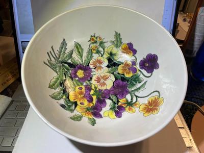 Vintage Mid-Century Hand Painted Floral Asian Porcelain Heavy Bowl 9.75" in Diameter in Good Preowned Condition as Pic'd.