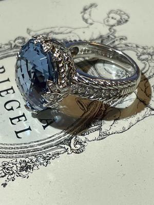 Judith Ripka Designer Cushion-Cut Blue Topaz Sterling Silver Ring w/CZ Accents Ring Size 6 in Never Worn Condition.